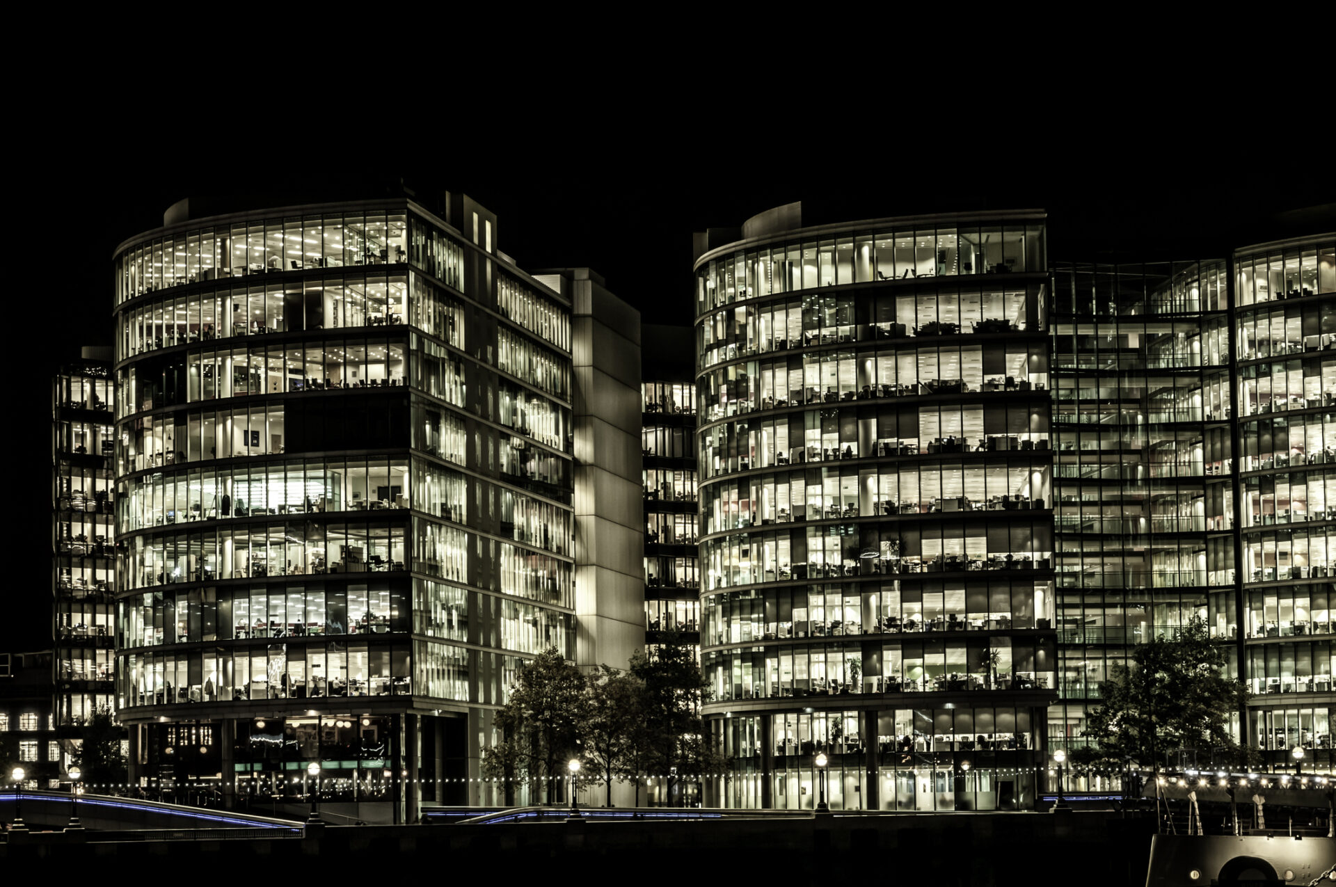 Office buildings at night. City of London, UK.